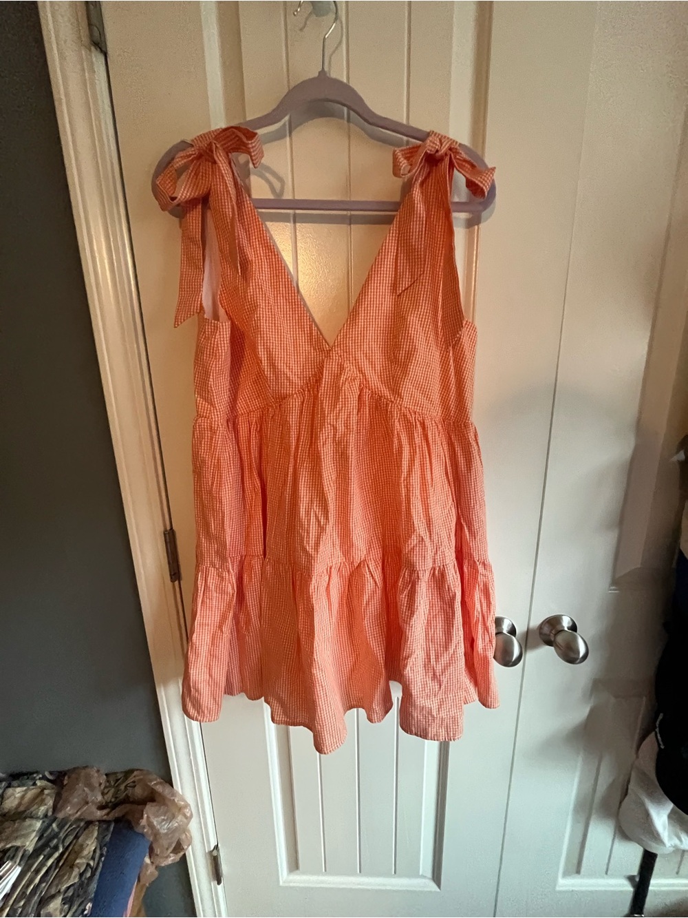 Le Lis Orange Gingham Tie-Shoulder Mini Dress